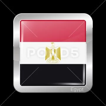 Flag of Egypt. Glossy and Metal Icon Square Shape. Vector Stock Illustration