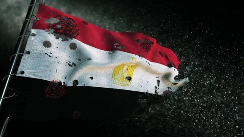 The flag of Egypt is torn and marked with the virus of covid-19 . Stockbeeldmateriaal 127197295