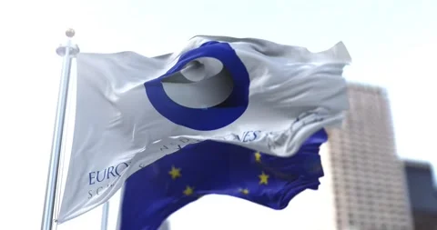 The flag of the EMA flying together with the flag of the European Union in th Video stock 151907369