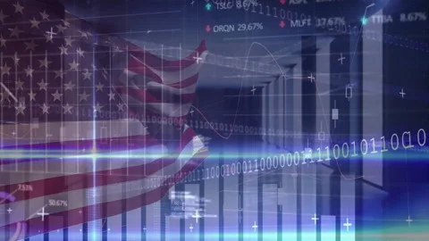 Flag emerging and rippling beside rising chart, binary scrolling and tickers Stock Footage 310318955