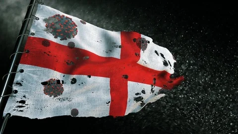 The flag of England is torn and marked with the virus of covid-19 . 스톡 동영상 127197297