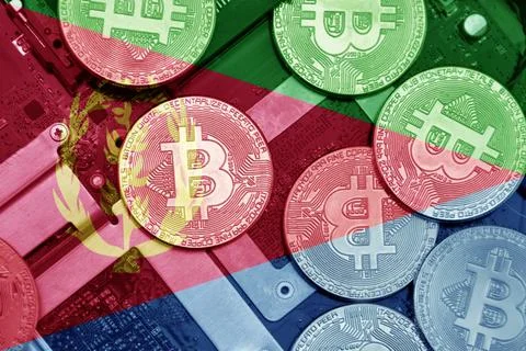 Flag of eritrea on the bitcoins with computer electronic circuit board backgr Stock-Fotos
