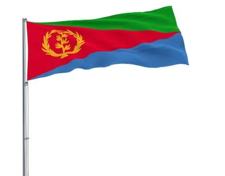 Flag of Eritrea on the flagpole fluttering in the wind on a white background 스톡 일러스트