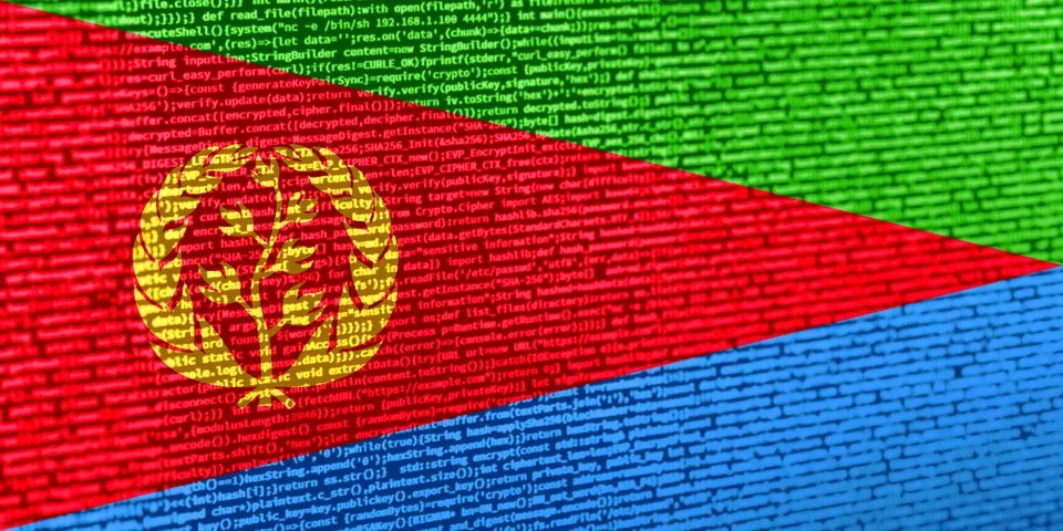 Flag of Eritrea over digital code. Concept of cybersecurity, innovation, an.. Illustration