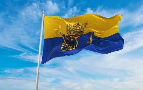 Flag of Essen at cloudy sky background on sunset, panoramic view. Federal Rep Stock Illustration