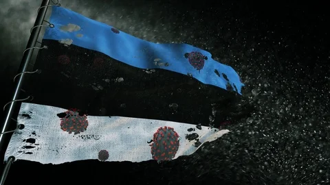 The flag of Estonia is torn and marked with the virus of covid-19 . Видео 127197454