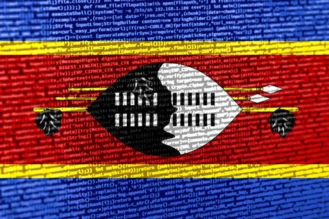 Flag of Eswatini over digital code. Concept of cybersecurity, innovation, a.. Illustration