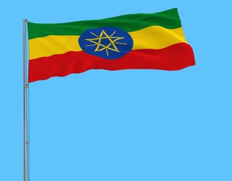 Flag of Ethiopia on the flagpole fluttering in the wind on a transparent pure Stock Illustration