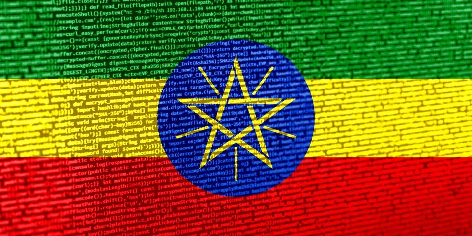 Flag of Ethiopia over digital code. Concept of cybersecurity, innovation, a.. Illustration