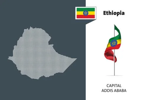 Flag of Ethiopia on white background. Dotted map of Ethiopia Stock Illustration