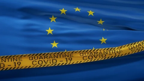 Flag of EURO union waving on wind with Covid-19 quarantine tape Stock Footage 127722729