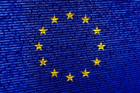 Flag of Europe over digital code. Concept of cybersecurity, innovation, and.. Illustration