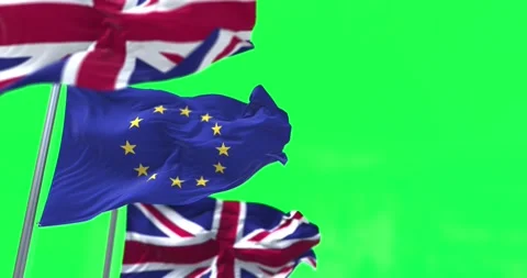 The Flag of the European Union Waving Between Two Flags of United Kingdom Stock-Footage 164548858