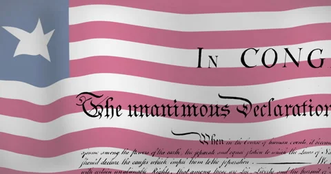 Flag filling frame, flag waving while serif text fading and script scrolling Video stock 309680328