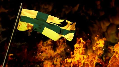 Flag of Finland on burning fire backdrop - hard times concept Ilustração Stock