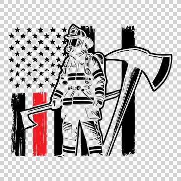 Flag Firefighter With Axe And Background standing American Stock-Illustration