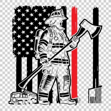 Flag Firefighter With Axe Silhouette holding fire truck Stock-Illustration