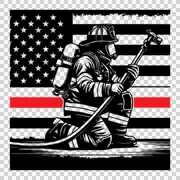 Flag Firefighter Kneeling Before Us with fire hose helmet Stock Illustration