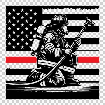 Flag Firefighter Kneeling Before Us with fire hose helmet Stock Illustration