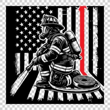 Flag Firefighter Kneeling Before Us helmet mask air tank Stock Illustration