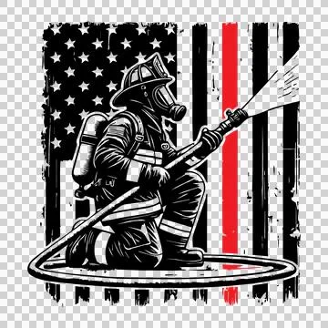 Flag Firefighter Silhouette With Hose spraying water helmet Stock Illustration