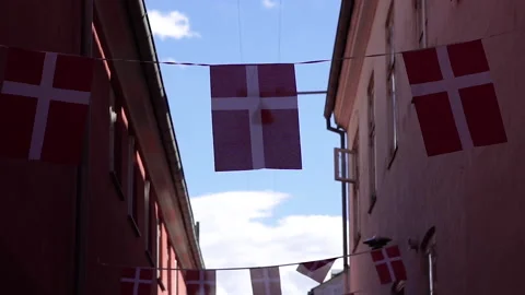 Flag. Flag of Denmark. Ancient street. Stock Footage 236343090