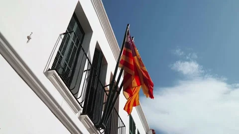 Flag Flapping in wind of Spanish Building Stock Footage 202636836