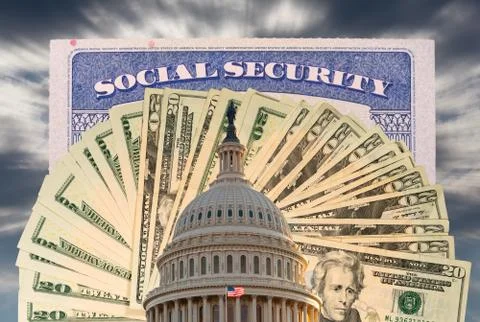 Flag flies in front of Capitol in DC with cash and social security card to Stock Photos