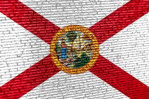 Flag of Florida over digital code. Concept of cybersecurity, innovation, an.. Illustration