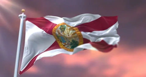 Flag of Florida state at sunset, region of the United States - loop Stock Footage 108371568