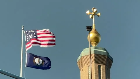Flag flying over Roebling Bridge Stock Footage 256950801