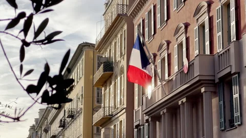 The flag of France waves on the classical facade of the building at sunset Video stock 223028673