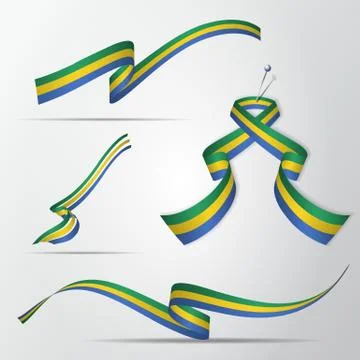 Flag of Gabon. 17th of August. Set of realistic wavy ribbons in colors of gab Stock Illustration