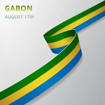 Flag of Gabon. 17th of August. Vector illustration. Wavy ribbon on gray backg Stockillustratie