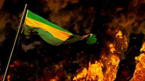 Flag of Gabon on burning fire bg - hard times concept - abstract 3D rendering Stock Illustration