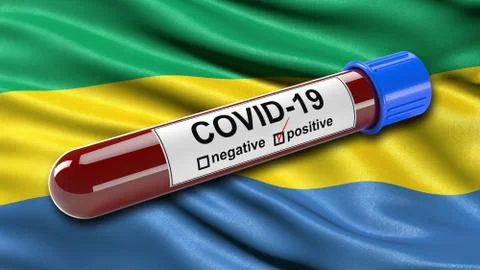 Flag of Gabon waving in the wind with a positive Covid-19 blood test tube. 3D 스톡 일러스트