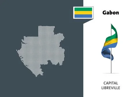 Flag of Gabon on white background. Dotted map of Gabon Stock Illustration