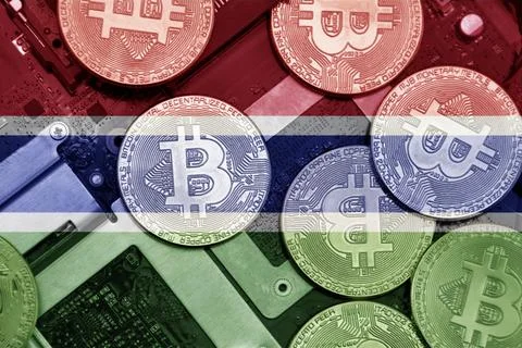 Flag of gambia on the bitcoins with computer electronic circuit board backgro 写真素材
