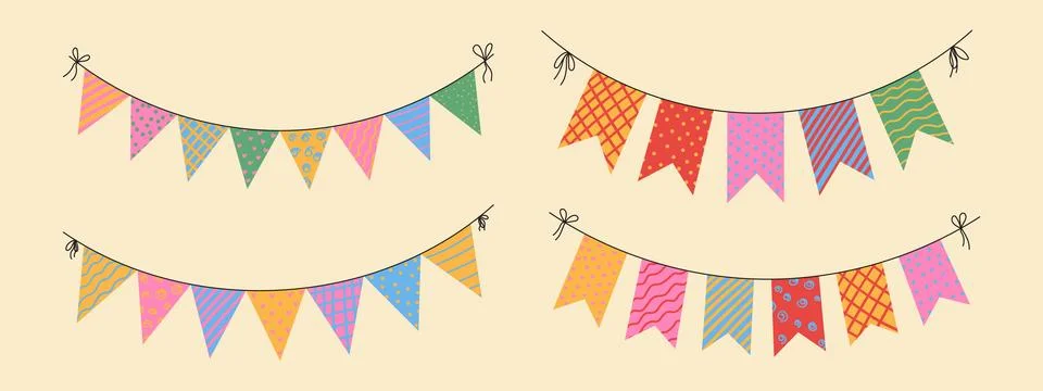 Flag garlands with patterns. Buntings set for birthday, carnival and party. Stock Illustration