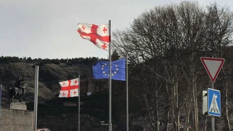 The flag of georgia and the eu are fluttering in the wind Stock Footage 119275706