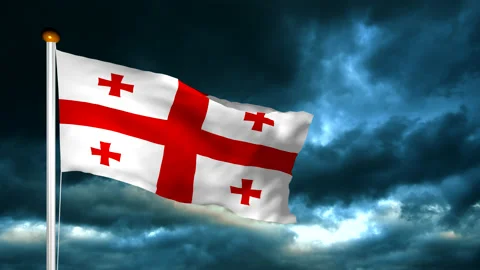 Flag of Georgia  on the flagpole is hoisted  in the background of the cloudy sky Stock Footage 155488540