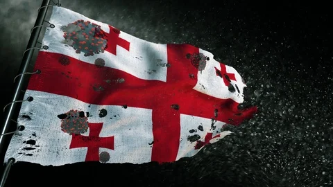 The flag of Georgia is torn and marked with the virus of covid-19 . 스톡 동영상 127197632