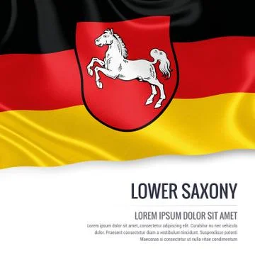 Flag of German state Lower Saxony waving on an isolated white background. Illustrazione stock