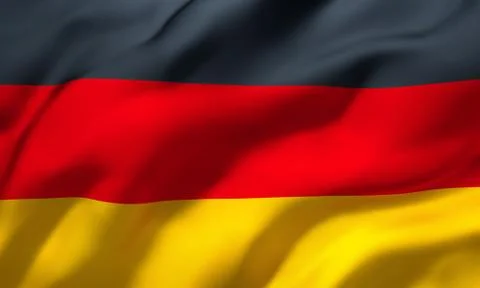 Flag of Germany blowing in the wind. Full page German flying flag. 3D illustr Stock Illustration