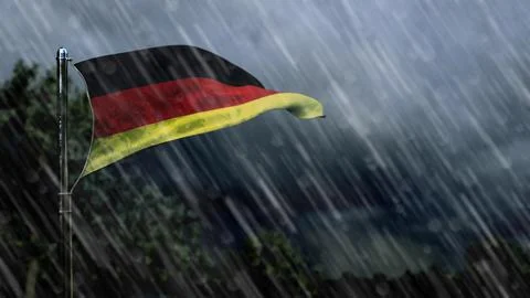 Flag of Germany with rain and dark clouds, hail rain forecast symbol Stock Illustration