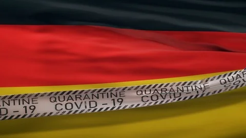 Flag of Germany waving on wind with Covid-19 quarantine tape Video stock 127852216