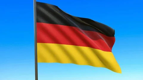 Flag of Germany waving in the wind on flagpole against the sky 3d-rendering Stockillustratie