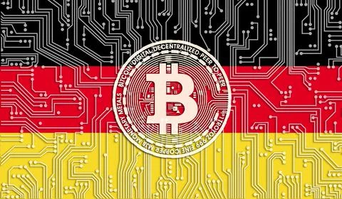 Flag of Germany2 and bitcoin, Integrated Circuit Board pattern. Bitcoin Stock Stock Illustration