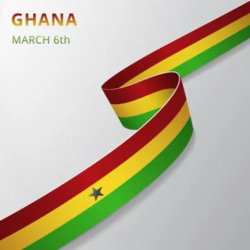 Flag of Ghana. 6th of March. Vector illustration. Wavy ribbon on gray backgro Stock Illustration