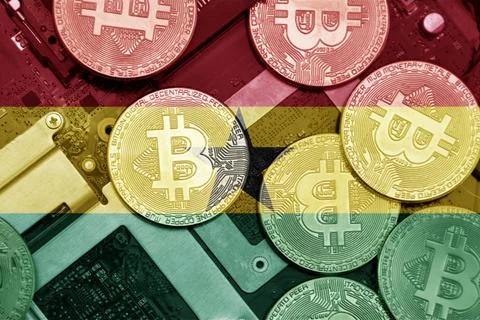 Flag of ghana on the bitcoins with computer electronic circuit board backgrou Stock Photos